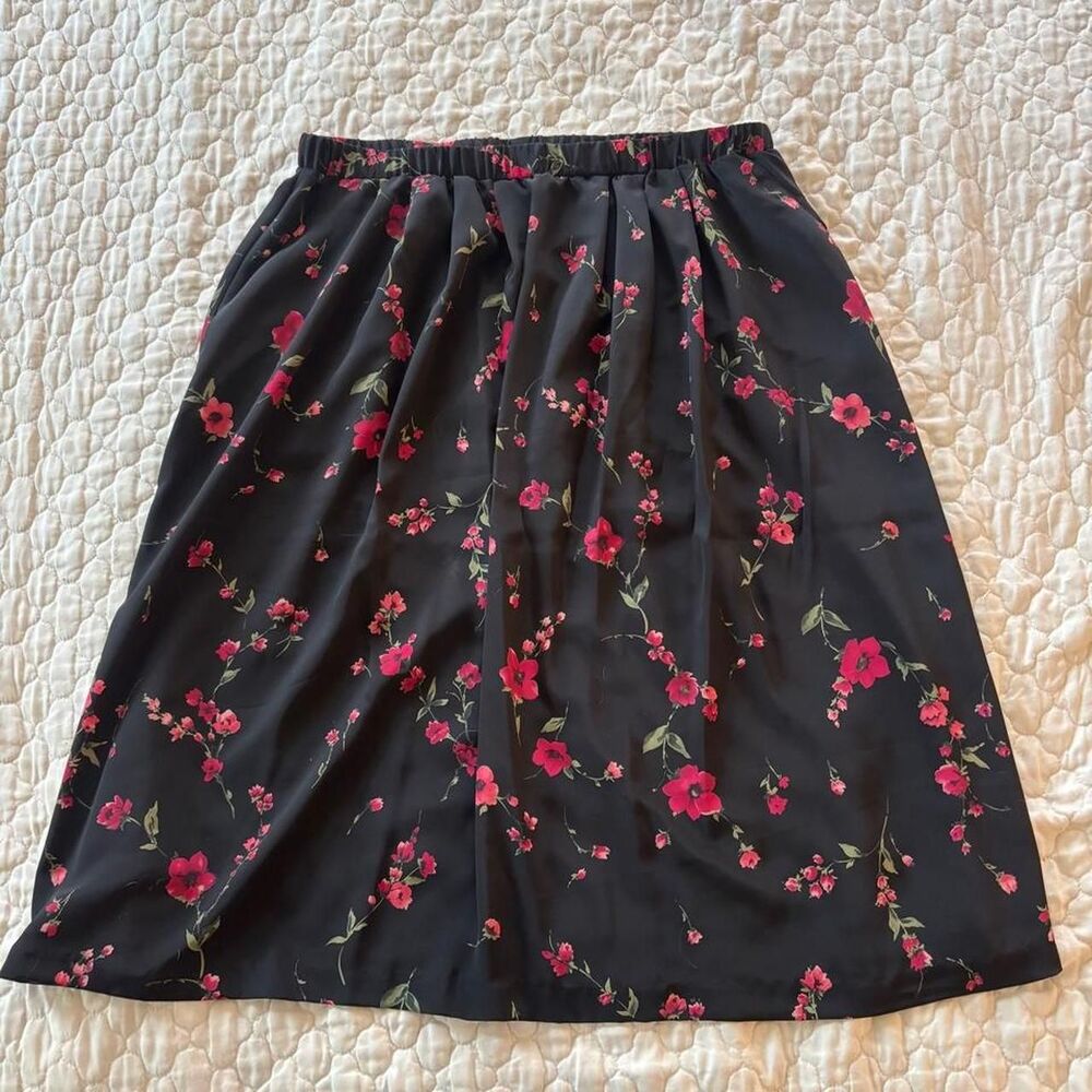 Women's Gothic Black Floral Midi Skirt by Anthoni Richards Grunge Whimsigoth